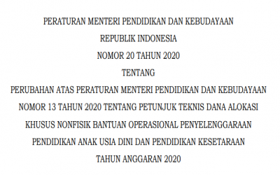 Permendikbud Nomor 20 Tahun 2020: Perubahan Petunjuk Teknis BOP PAUD dan Pendidikan Kesetaraan